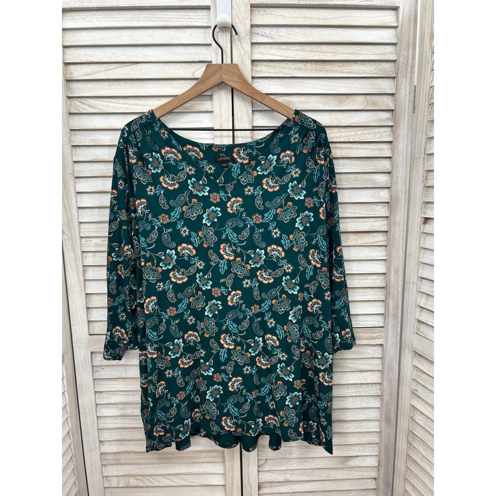 J. Jill Tunic Top Size 2X Green Floral Whimsygoth Boho Lagenlook Paisley Stretch